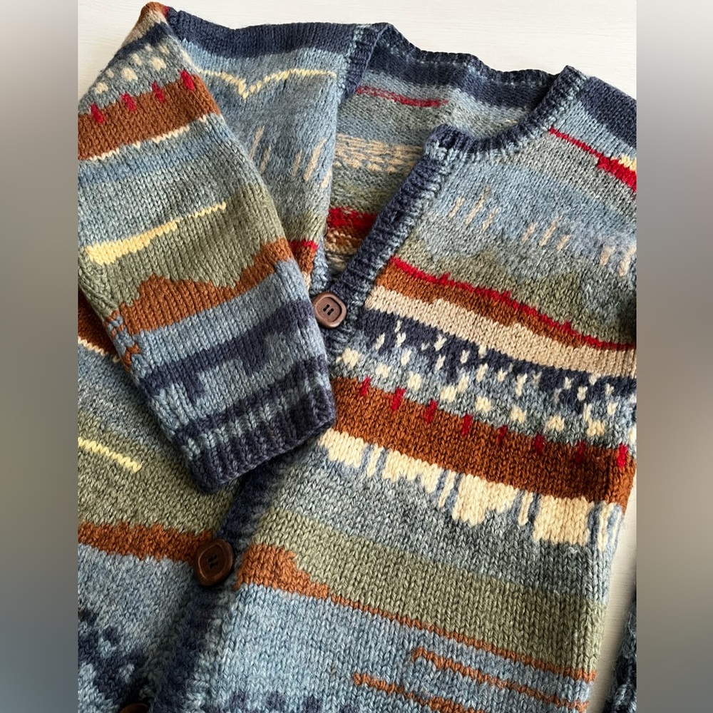 Vintage Wool hand knit landscape Colorful Knit Cardigan with Button Closure - Picture 9 of 14